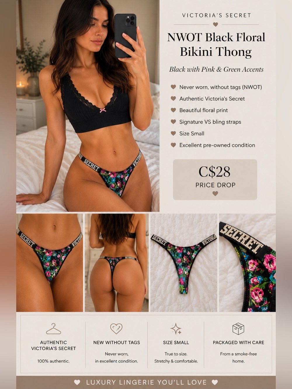 NWOT Victoria’s Secret | Very Sexy Bling Logo | Floral Butterfly Thong | S
